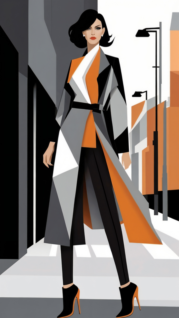Vector fashion illustration of a stylish woman in an elegant coat and high heels, wearing sleek trousers with orange accents, against a geometric background in gray, white, and orange.