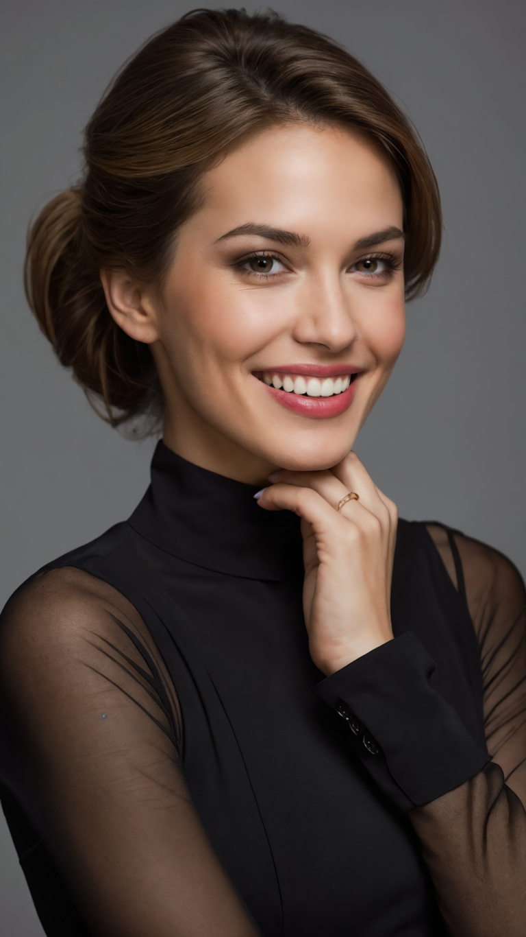 High-key portrait of a smiling French supermodel in a black turtleneck with transparent sleeves, radiant skin, updo hairstyle, and pink lip gloss, hand resting on chin.