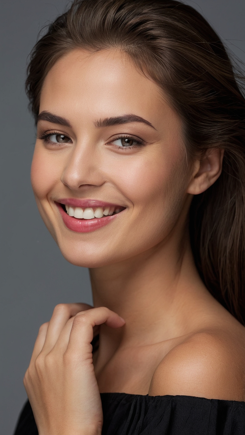 Portrait of a smiling woman with brown hair, wearing a black top, showing perfect teeth, against a gray background with soft studio lighting.