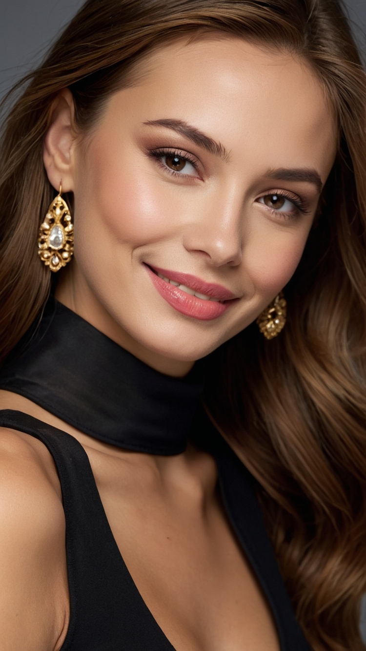 Smiling Russian woman with long brown hair, gold earrings, and a black choker necklace against a plain background with soft, warm lighting.