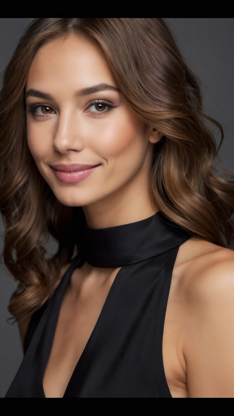 Headshot of a beautiful woman with shoulder-length wavy brown hair and natural makeup, wearing a black sleeveless dress, smiling gently against a grey background.