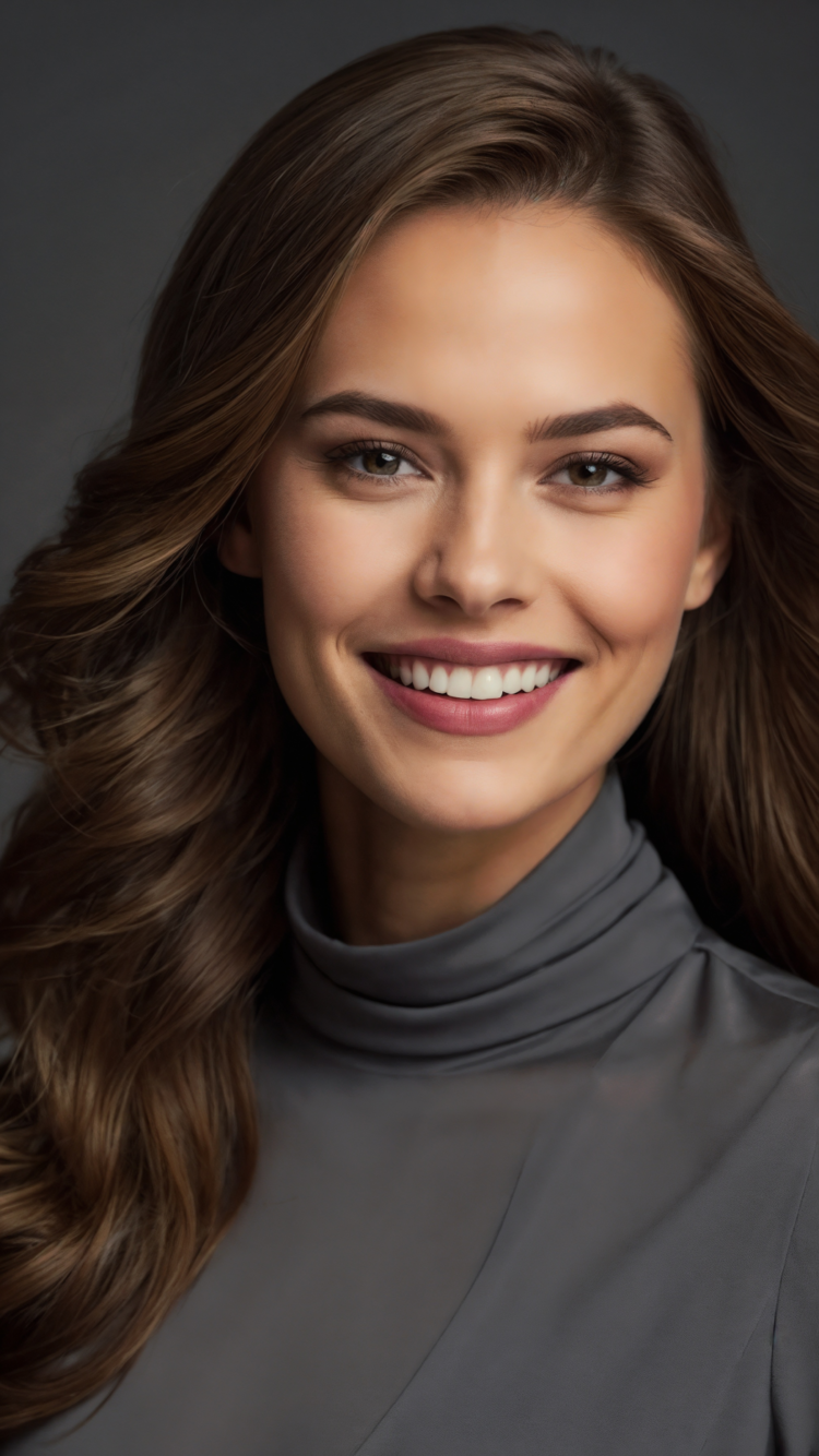 Portrait of a smiling woman with long brown hair, wearing a grey turtleneck dress, photographed in studio lighting against a grey background.
