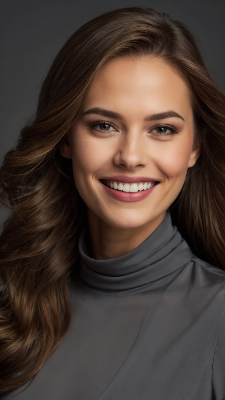 Portrait of a smiling woman with long brown hair, wearing a grey turtleneck dress, photographed in studio lighting against a grey background.