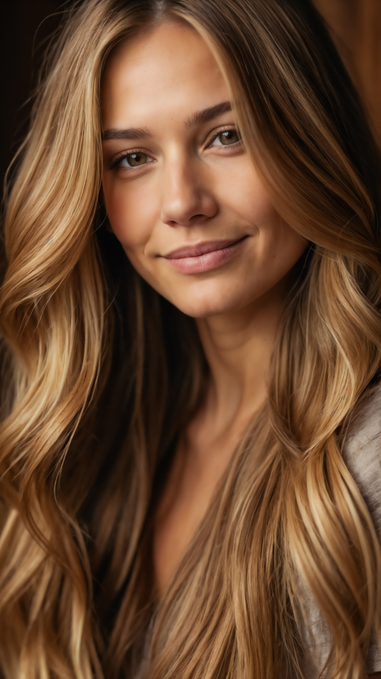 Portrait of a smiling blonde woman with long hair, tanned skin, and light brown eyes, photographed against a dark wooden background with soft lighting.