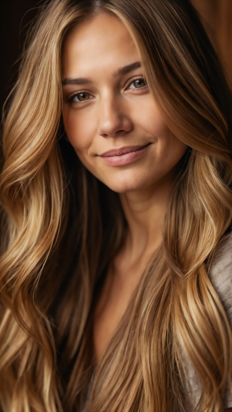 Portrait of a smiling blonde woman with long hair, tanned skin, and light brown eyes, photographed against a dark wooden background with soft lighting.