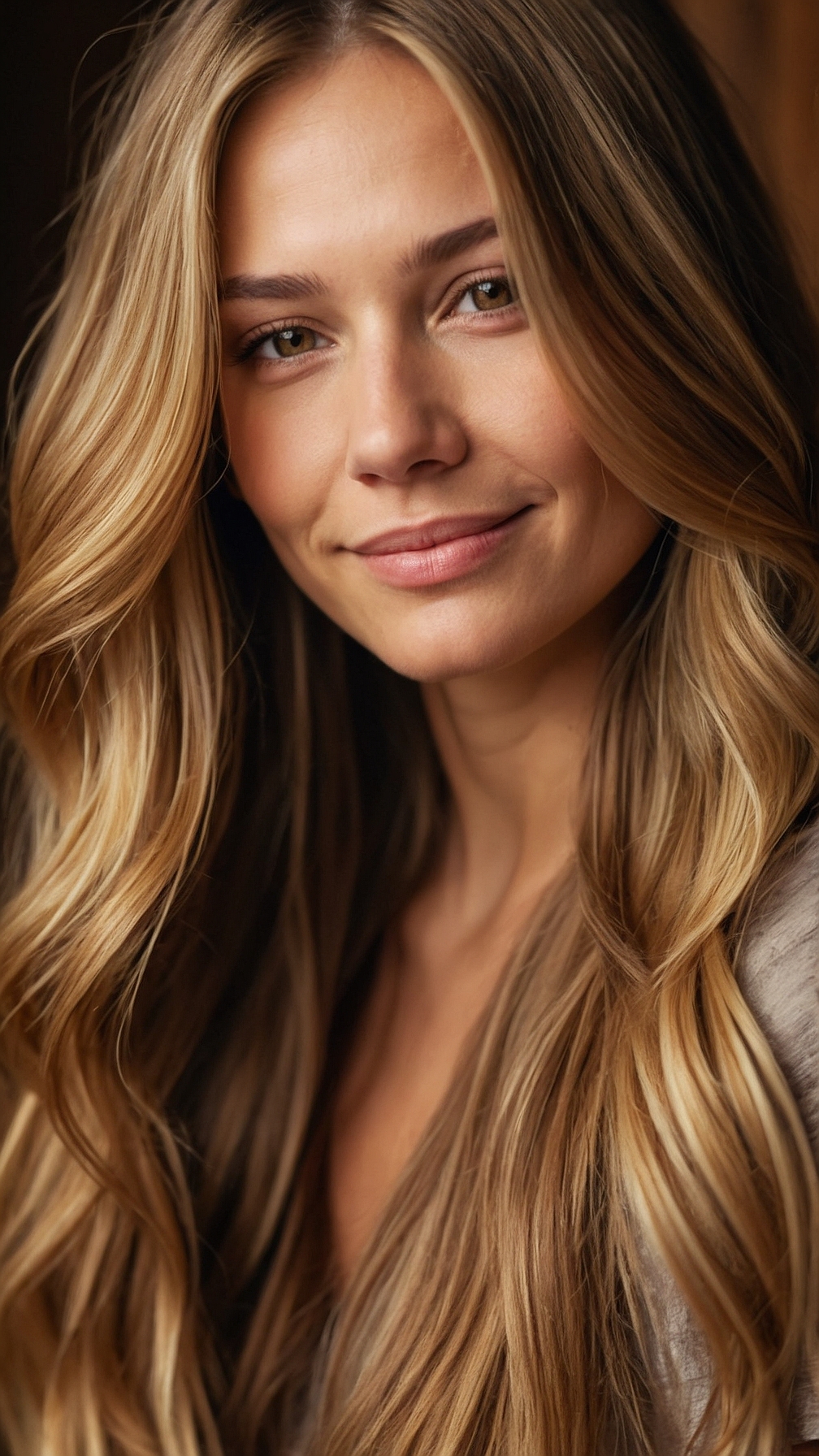 Portrait of a smiling blonde woman with long hair, tanned skin, and light brown eyes, photographed against a dark wooden background with soft lighting.