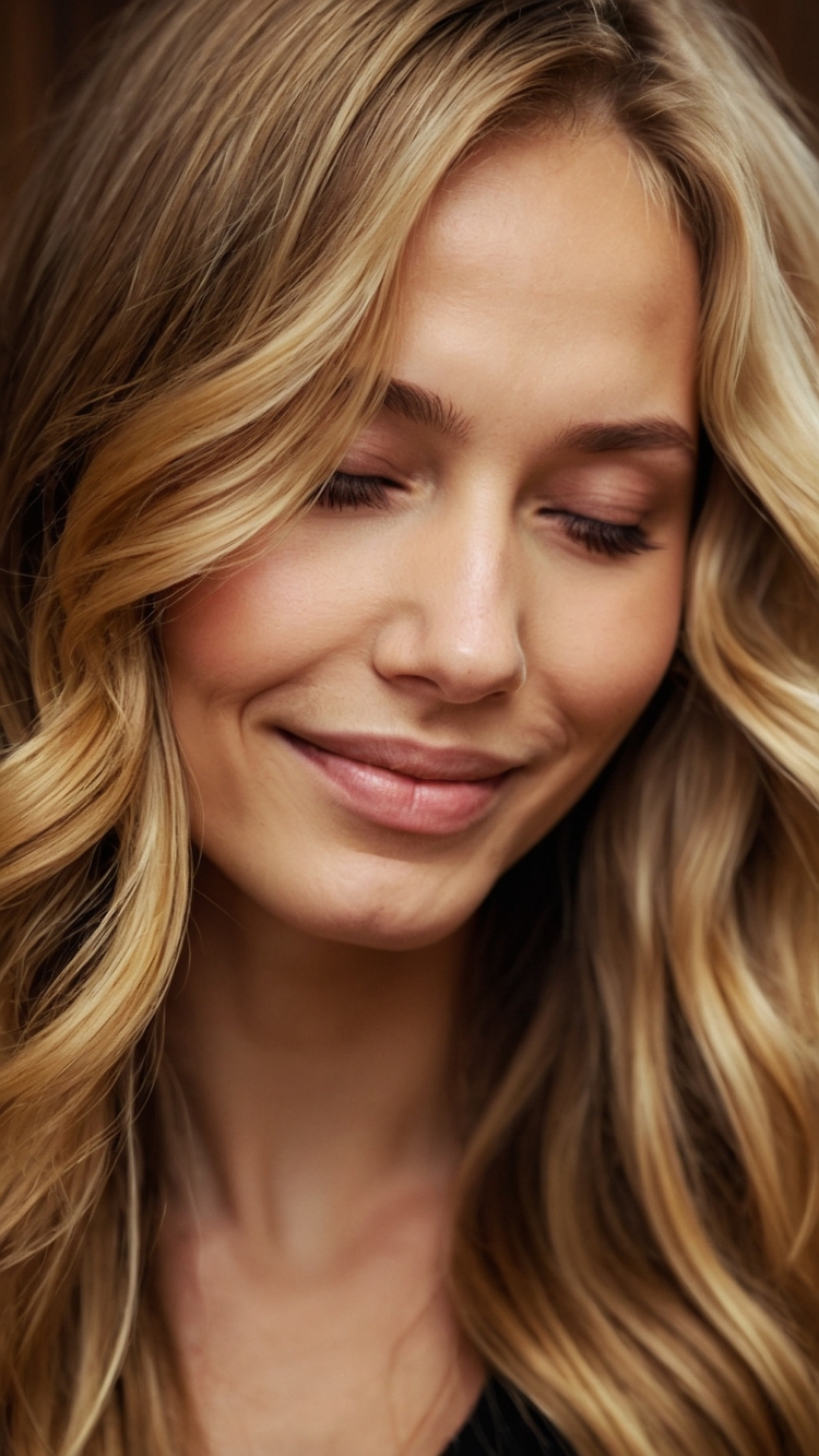 Close-up portrait of a blonde woman with wavy hair, eyes closed, softly smiling under warm lighting, conveying elegance and serenity.
