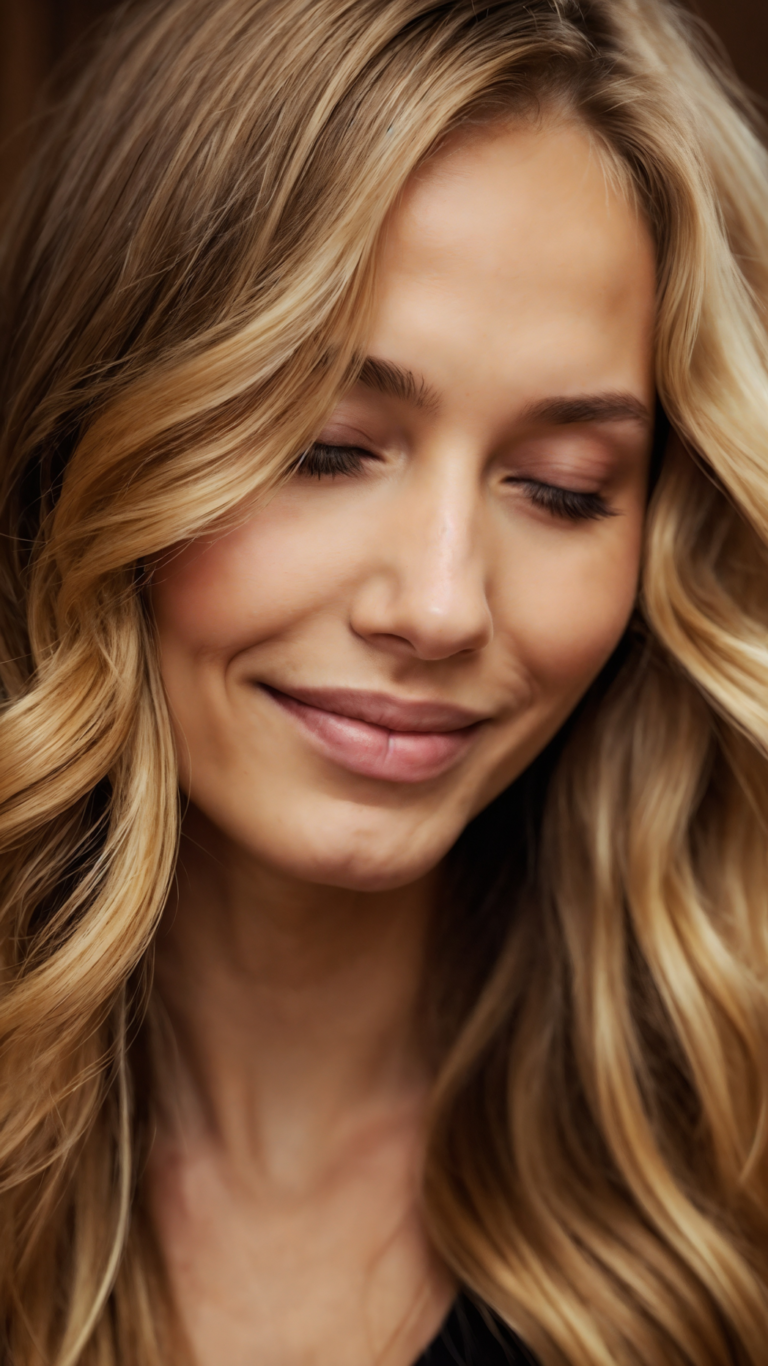 Close-up portrait of a blonde woman with wavy hair, eyes closed, softly smiling under warm lighting, conveying elegance and serenity.