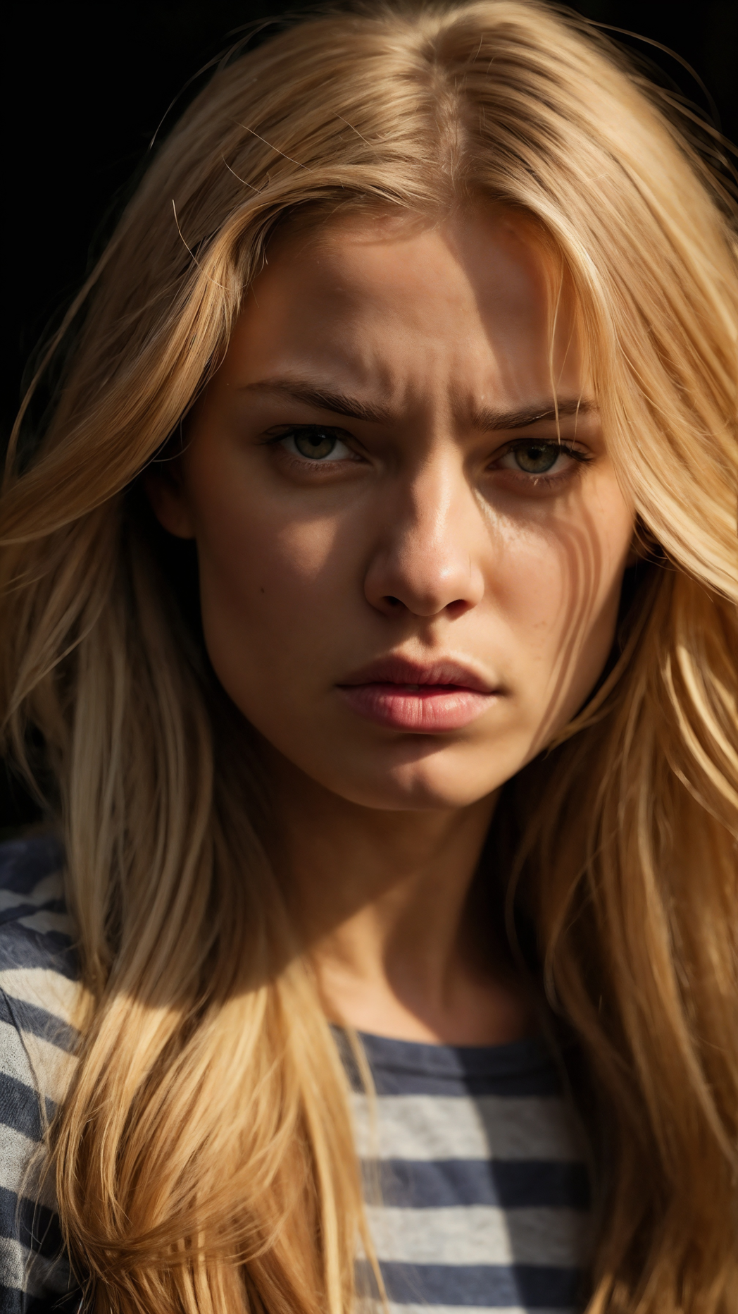 Angry blonde woman in striped shirt under sunlight with dramatic shadows on face against dark outdoor background.