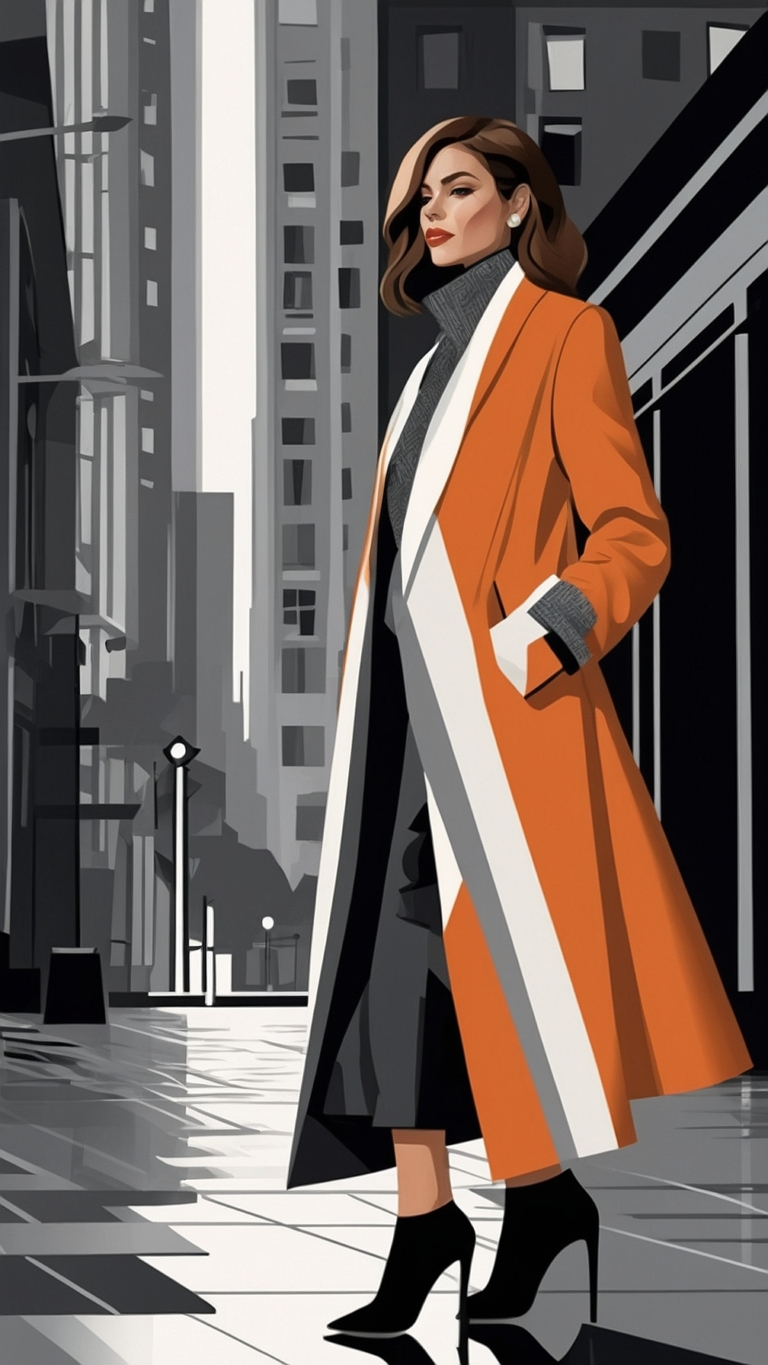 Flat vector illustration of stylish woman in orange coat and heels standing confidently on city street with modern poster design.
