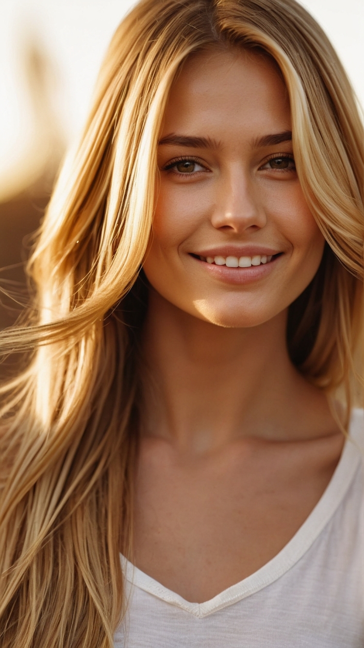 Smiling blonde woman with shiny hair and radiant skin in sunlight, portrait at beach with blurred background.
