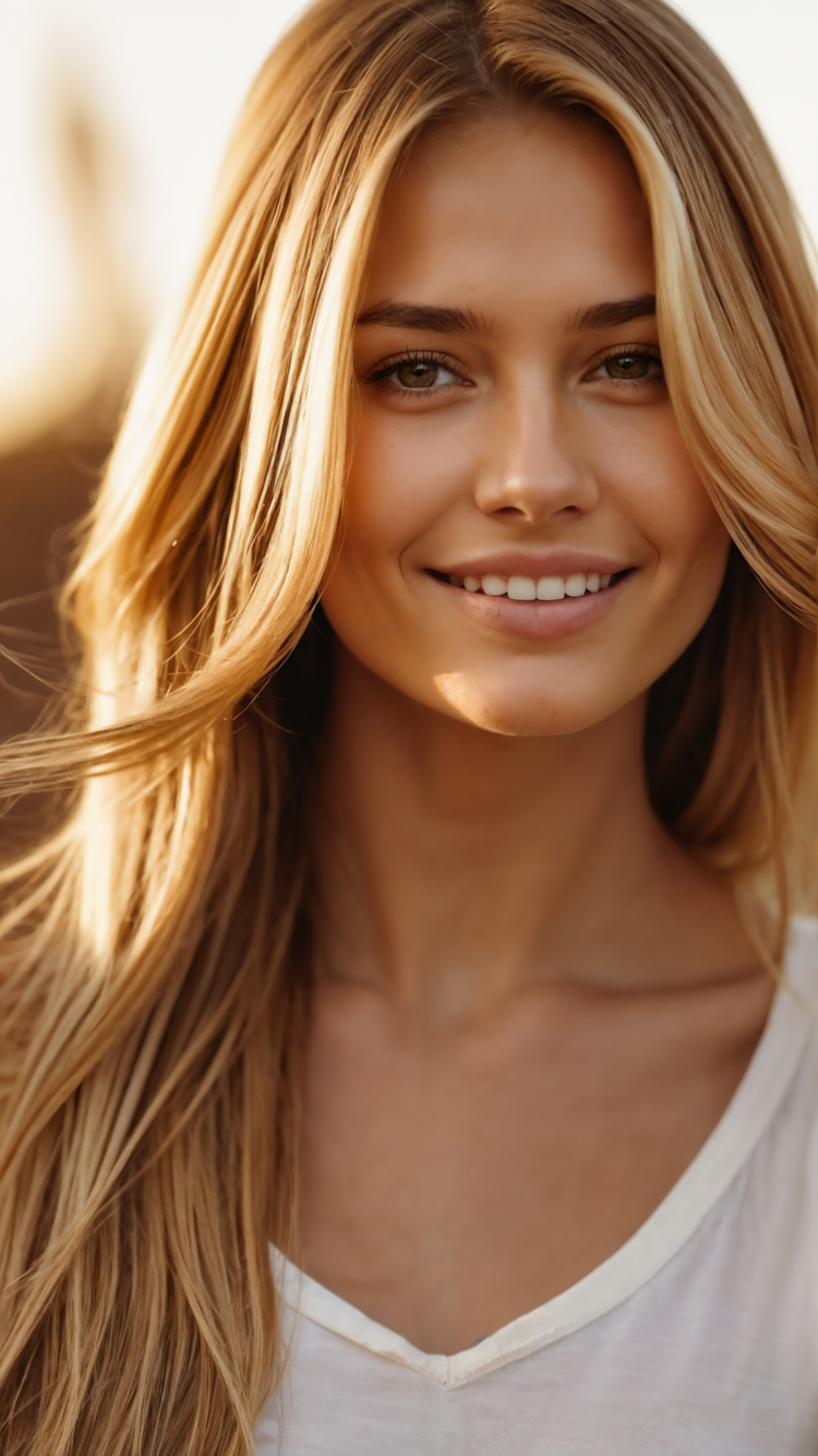 Smiling blonde woman with shiny hair and radiant skin in sunlight, portrait at beach with blurred background.