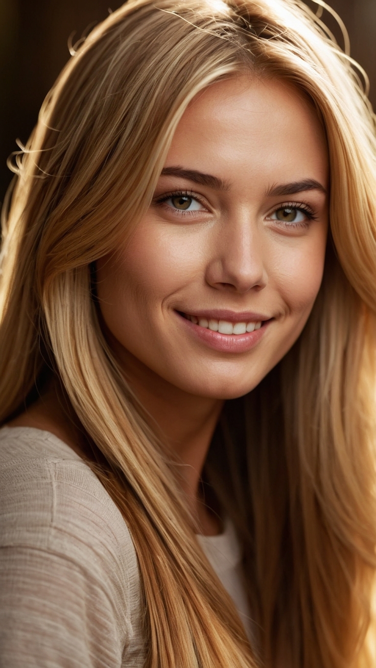 Smiling blonde woman in casual wear with subtle makeup, warm lighting, and neutral background highlighting natural beauty.