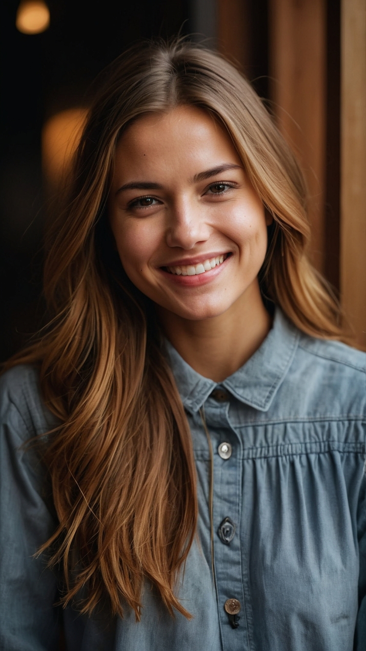 Smiling young woman in denim shirt posing indoors at a cafe, front view portrait with natural charm.