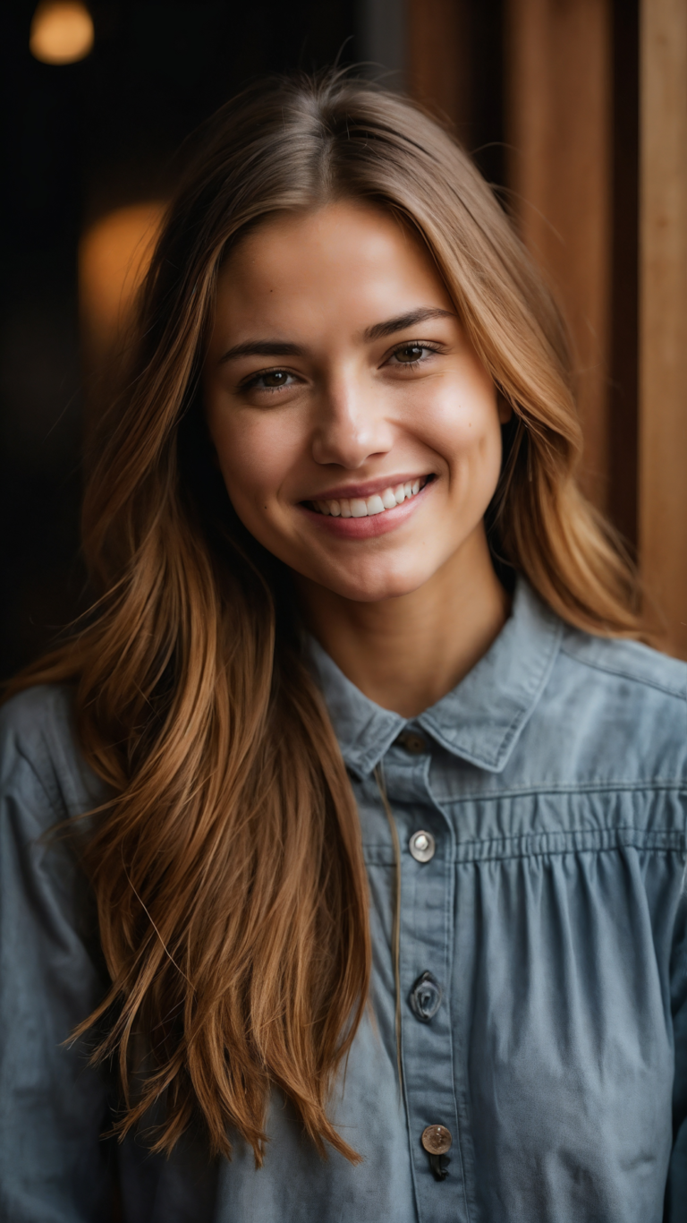 Smiling young woman in denim shirt posing indoors at a cafe, front view portrait with natural charm.
