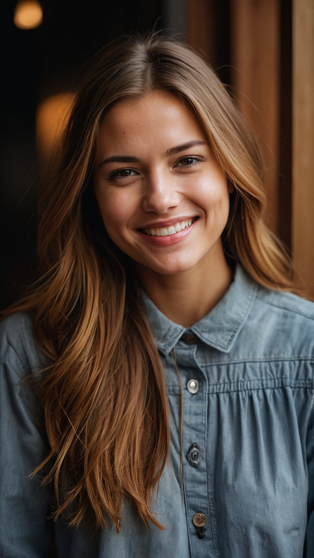 Smiling young woman in denim shirt posing indoors at a cafe, front view portrait with natural charm.