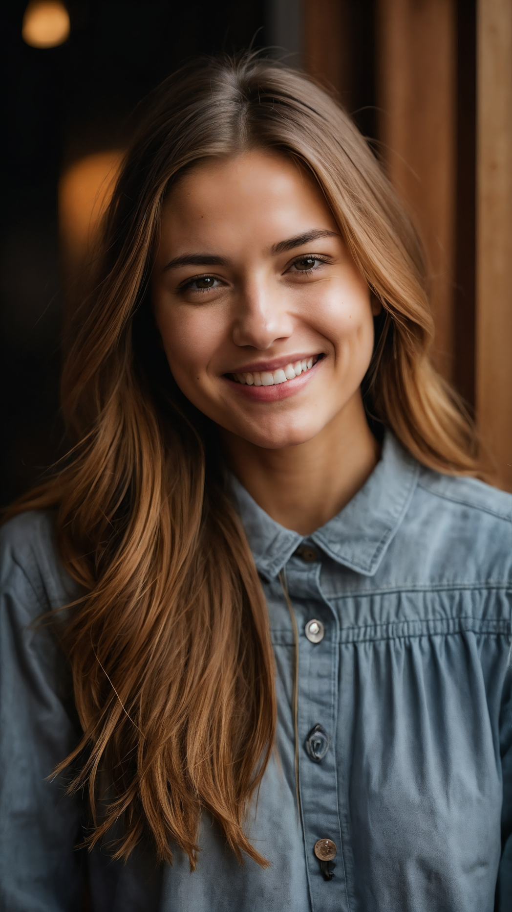 Smiling young woman in denim shirt posing indoors at a cafe, front view portrait with natural charm.