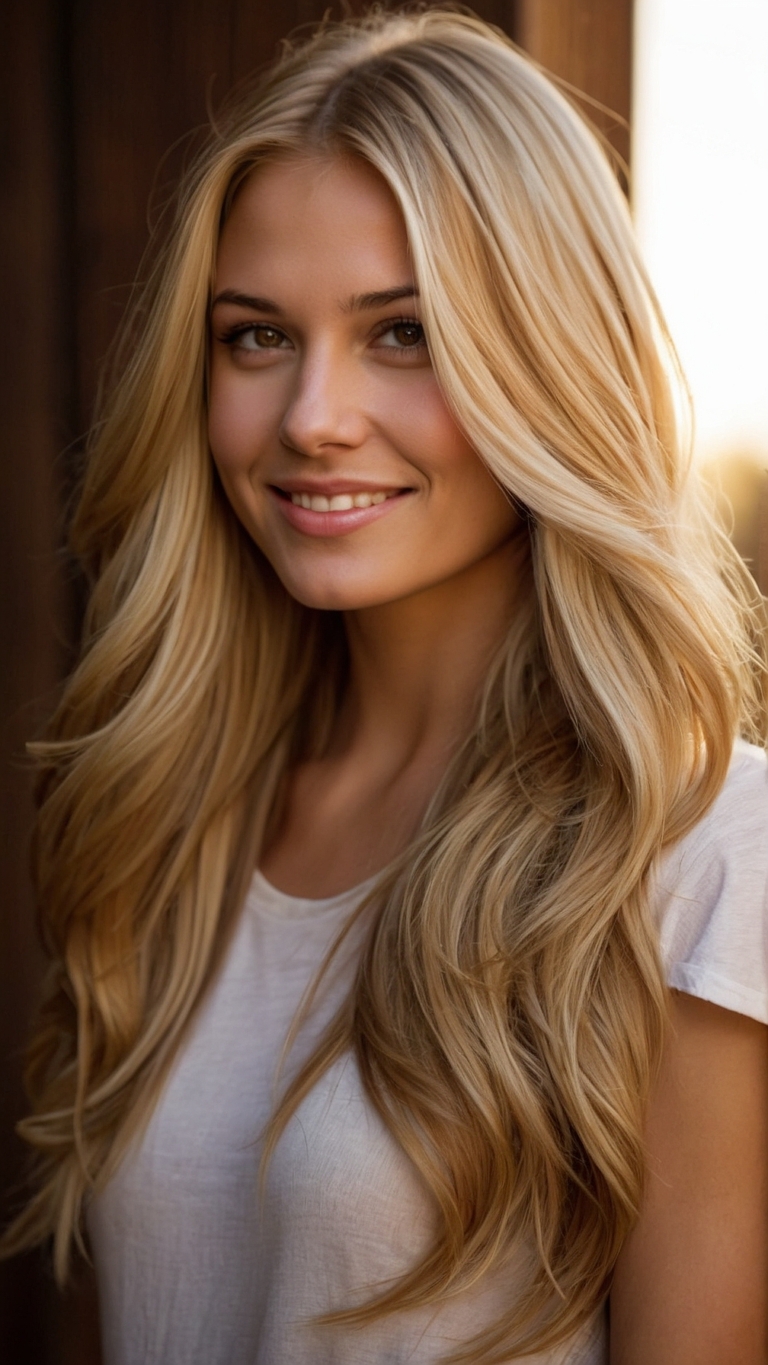 Smiling blonde woman with long hair and white top in ultra-realistic professional portrait with lifelike skin and eyes.