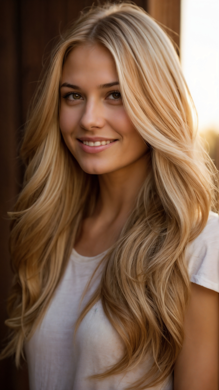 Smiling blonde woman with long hair and white top in ultra-realistic professional portrait with lifelike skin and eyes.