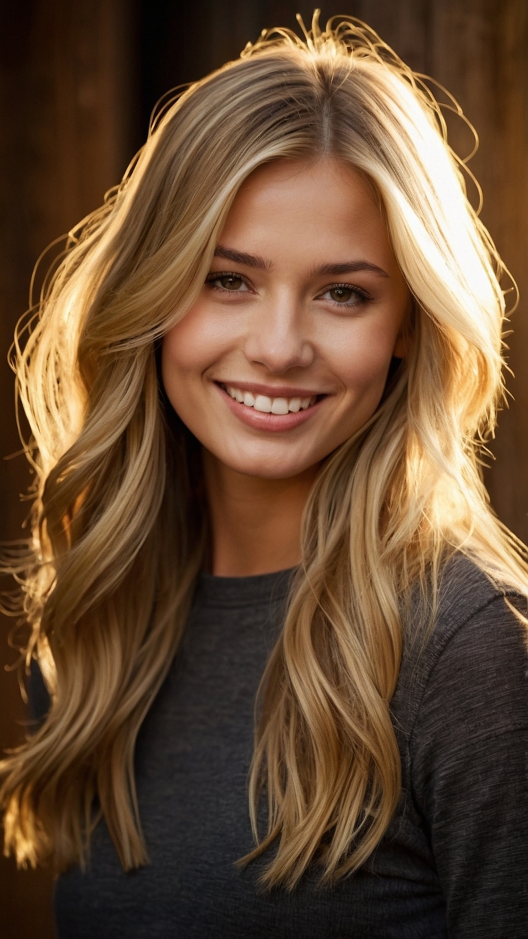 Smiling blonde woman with long hair in casual attire against wooden wall background with soft lighting.