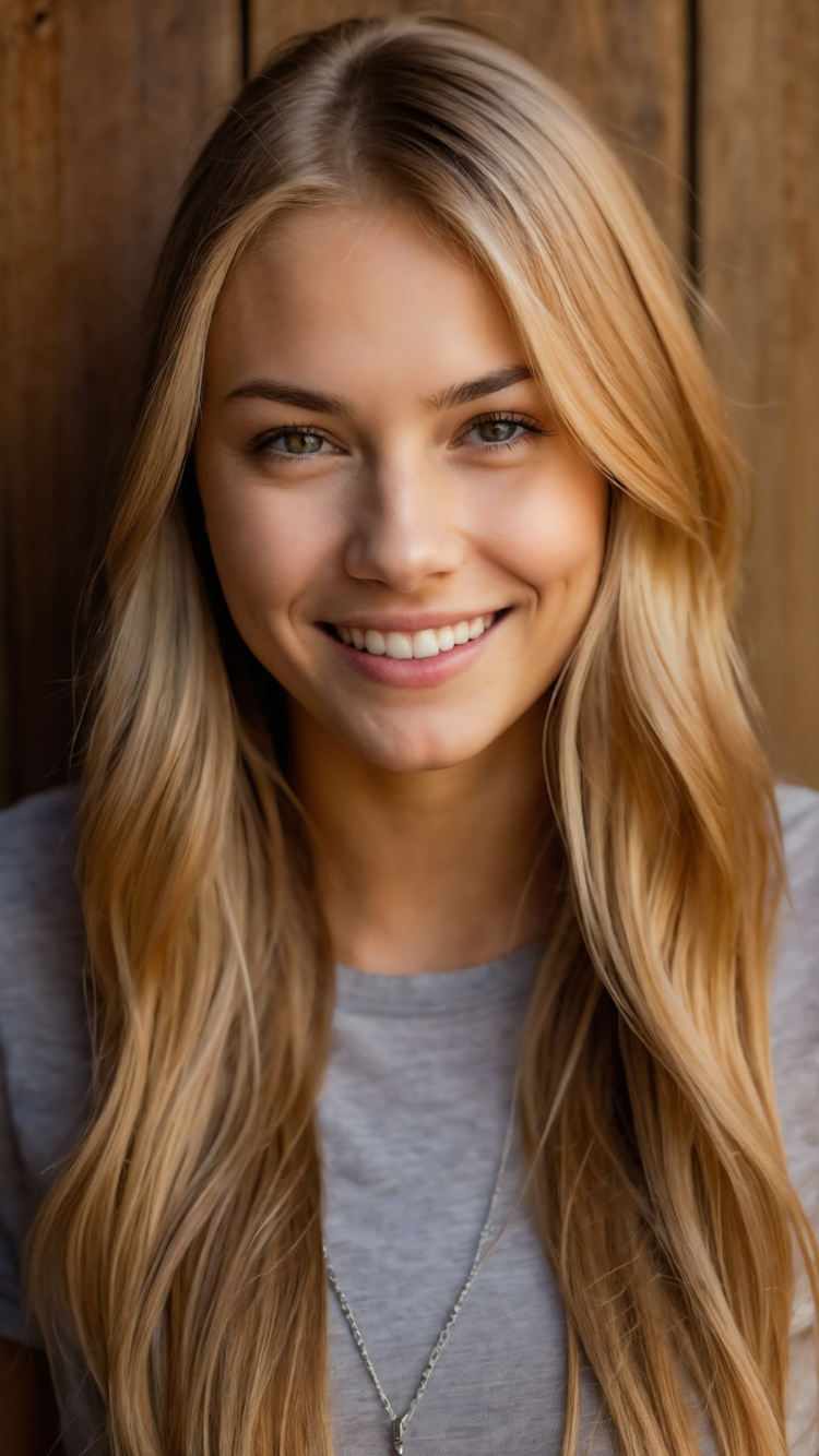 Smiling blonde woman with green eyes, long hair, freckles, and grey shirt against wooden wall background.