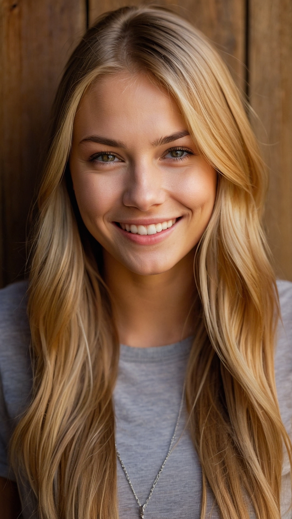 Smiling blonde woman with green eyes, long hair, freckles, and grey shirt against wooden wall background.