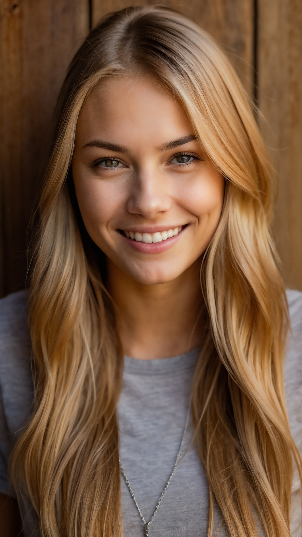 Smiling blonde woman with green eyes, long hair, freckles, and grey shirt against wooden wall background.