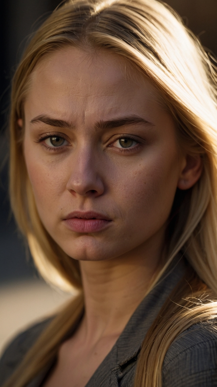 Blonde woman in grey blazer with neutral expression standing outdoors in sunlight against a building wall.