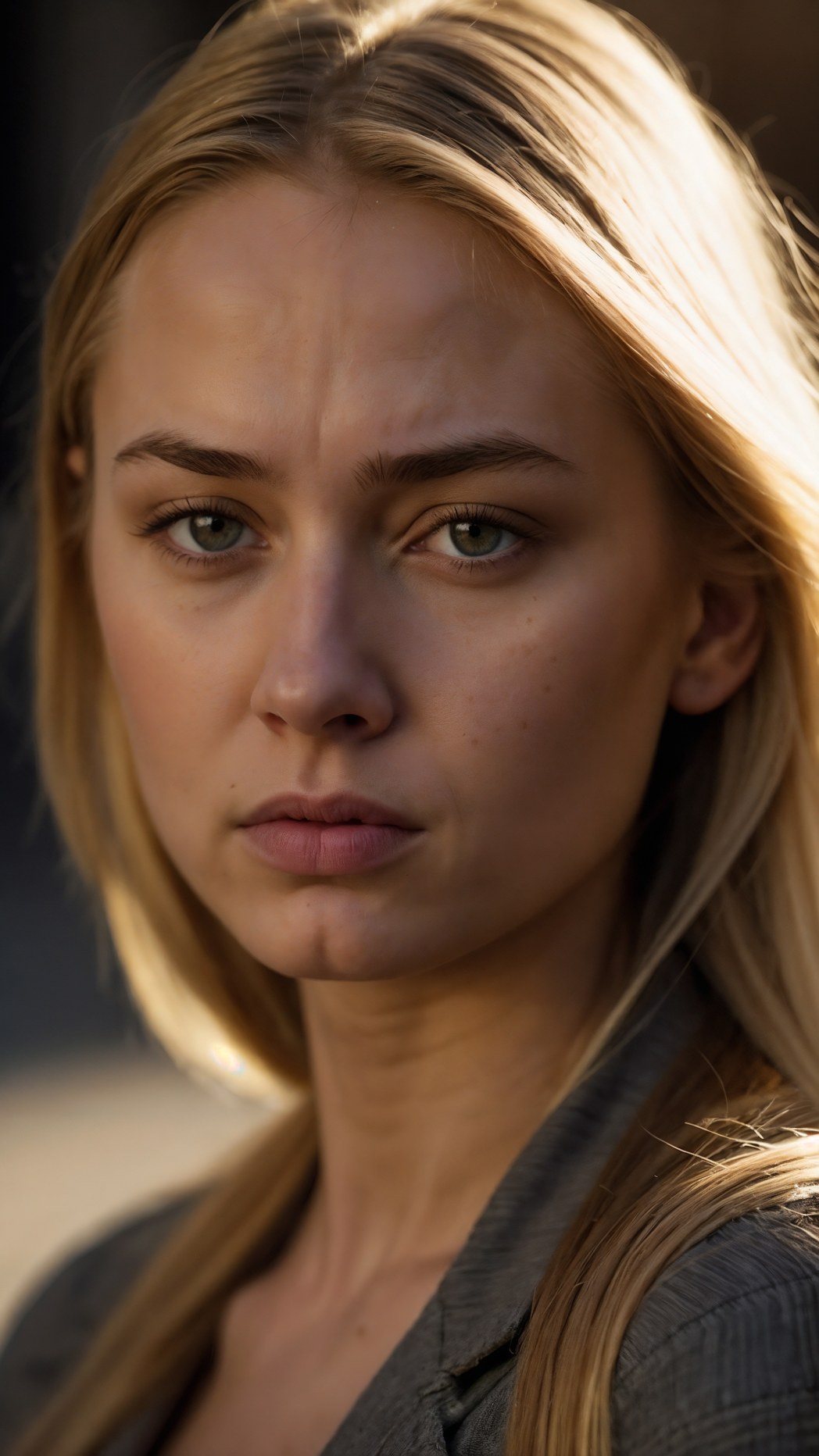 Blonde woman in grey blazer with neutral expression standing outdoors in sunlight against a building wall.