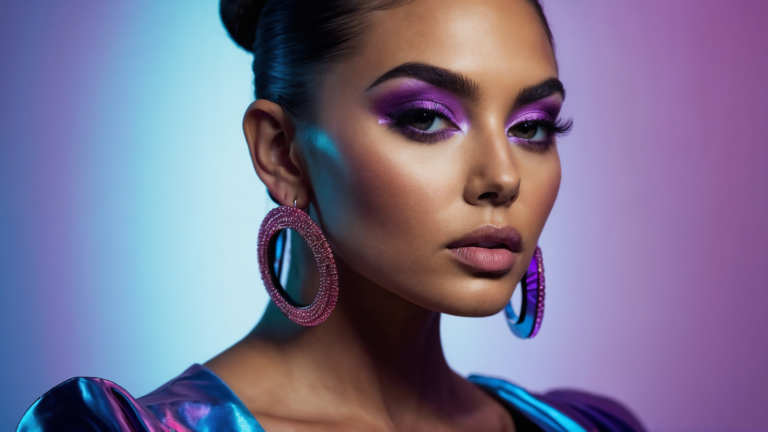 Beautiful young woman with purple hoop earrings, bold pink eyeshadow, and elegant outfit against blue to violet gradient background.