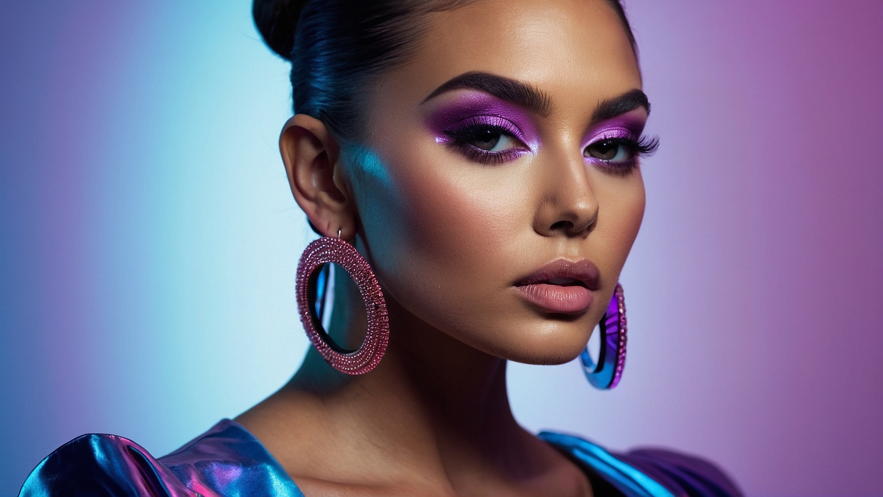 Beautiful young woman with purple hoop earrings, bold pink eyeshadow, and elegant outfit against blue to violet gradient background.