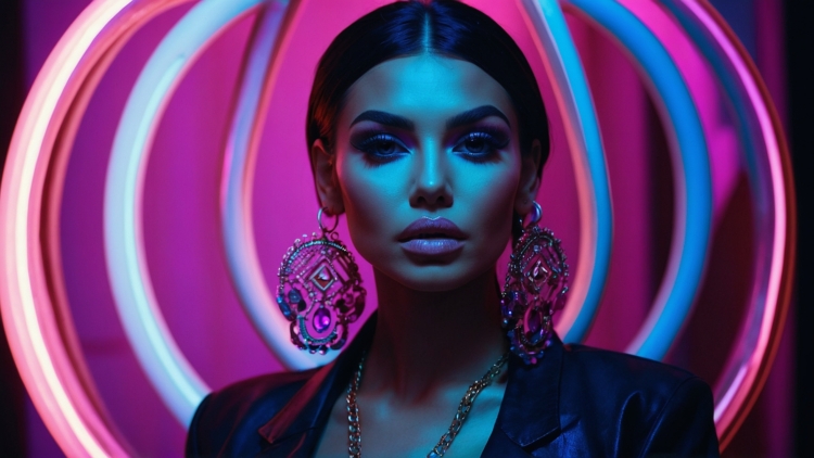 Female model in black leather jacket with blue eyeshadow posing against neon pink spiral background with cinematic lighting.