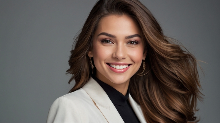 Smiling woman with long brown hair in white blazer and black shirt against grey background with soft natural lighting.