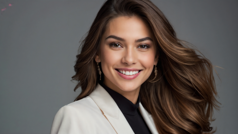 Smiling woman with long brown hair in white blazer and black shirt against grey background with soft natural lighting.
