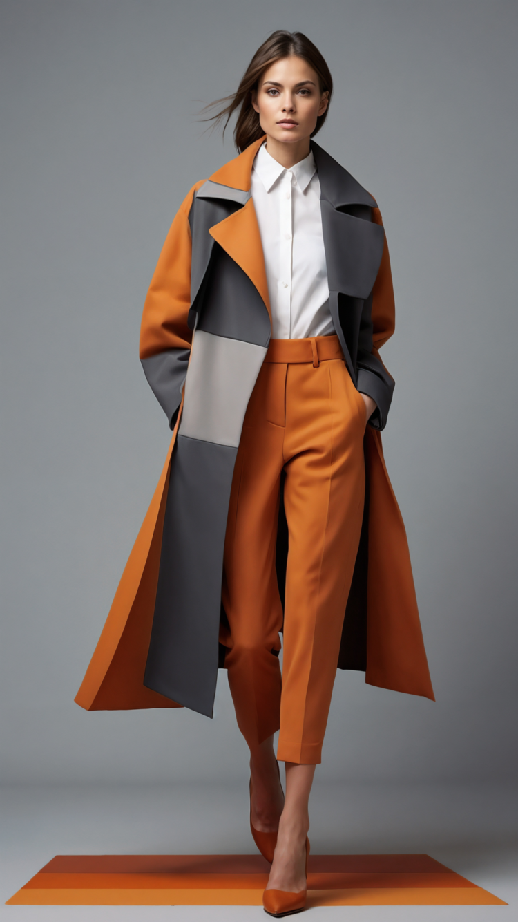 Fashion model in orange and grey coat with trousers and color-block shoes posing in studio with grey background.