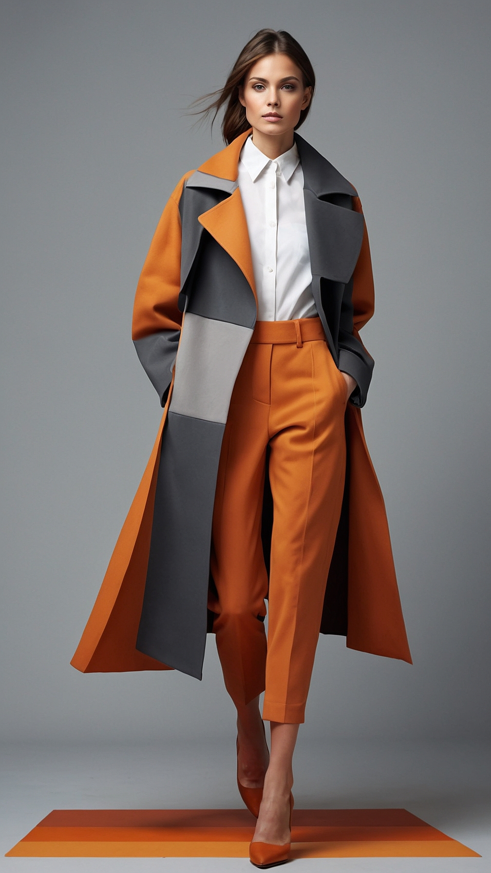 Fashion model in orange and grey coat with trousers and color-block shoes posing in studio with grey background.