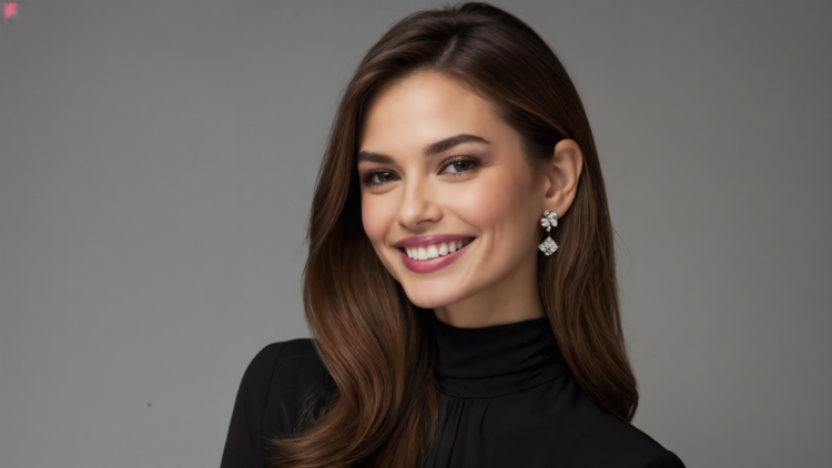 Smiling fashion model with straight brown hair in black turtleneck and diamond earrings against grey background.