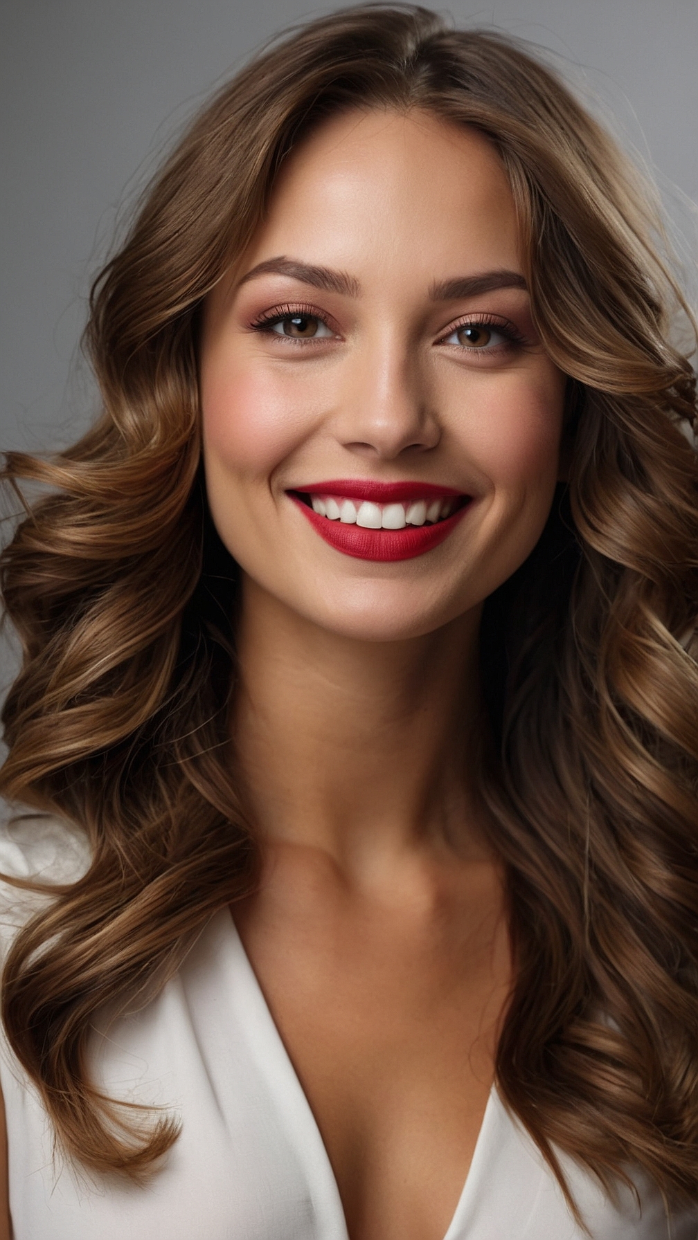 Smiling woman with wavy brown hair, red lipstick, and white dress in professional studio portrait with gray background.