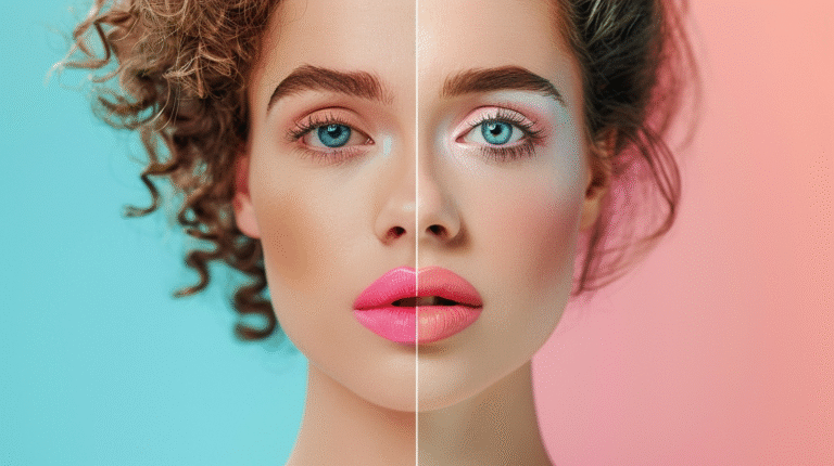Split-screen portrait of woman with curly hair and blue eyes, pink lipstick on one side, pastel background with copy space.