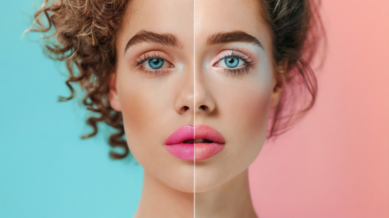 Split-screen portrait of woman with curly hair and blue eyes, pink lipstick on one side, pastel background with copy space.