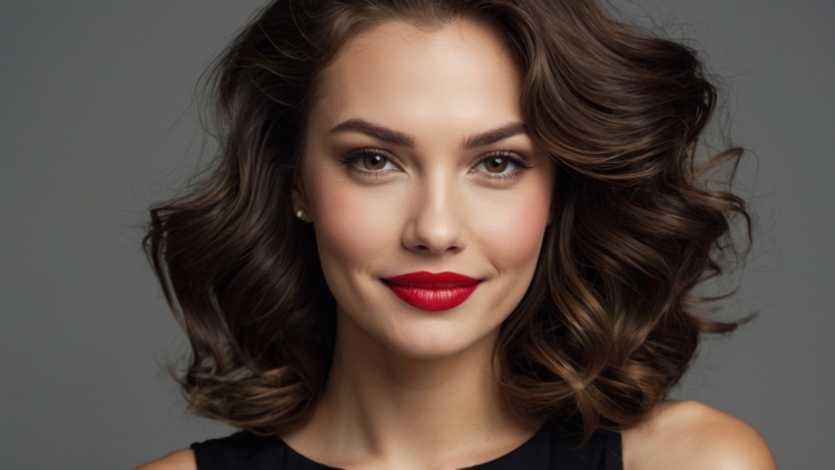 Smiling woman with wavy brown hair, red lipstick, and black outfit posing confidently against gray background.