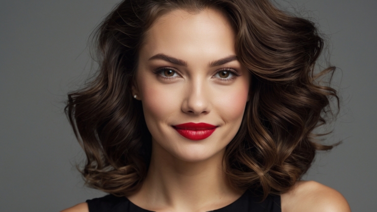 Smiling woman with wavy brown hair, red lipstick, and black outfit posing confidently against gray background.