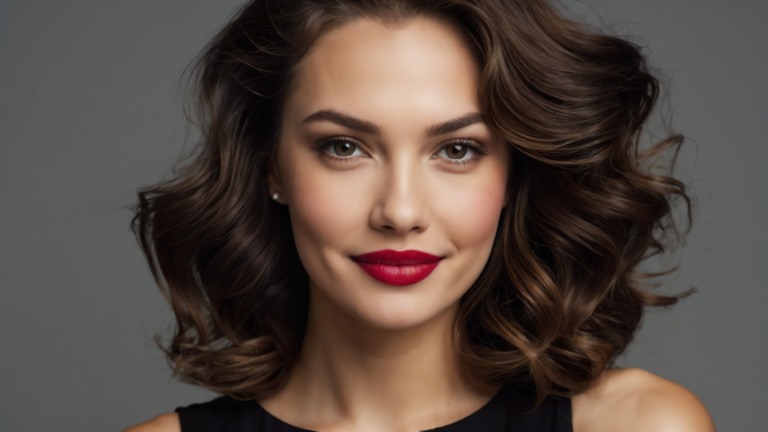 Smiling woman with wavy brown hair, red lipstick, and black outfit posing confidently against gray background.