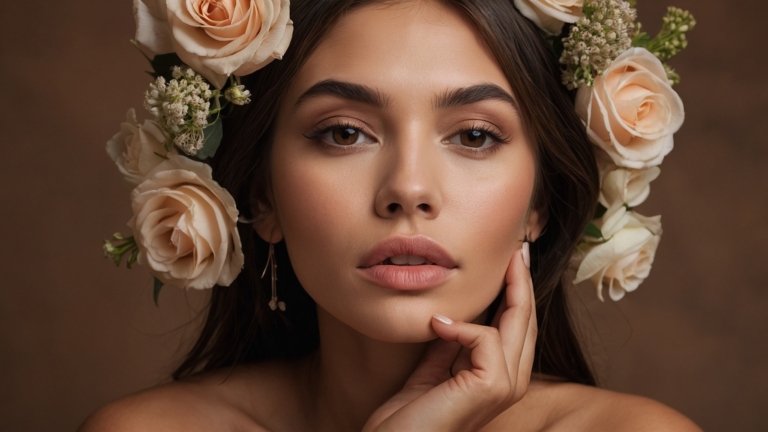 Woman with brown hair, floral crown, earrings, and soft smile touching her face in beauty portrait against beige background.