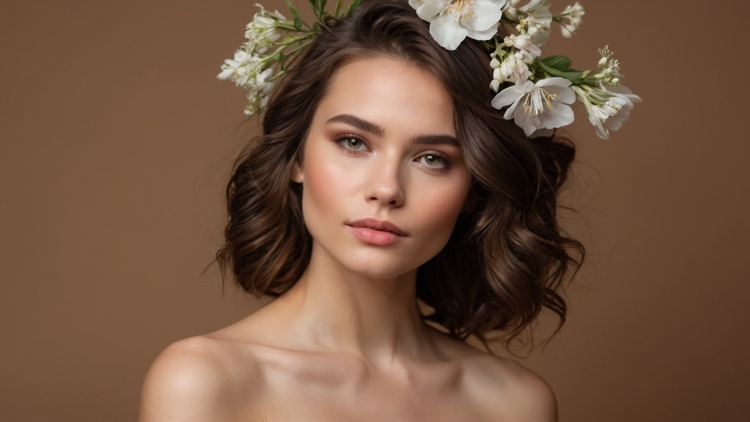 Woman with loose wavy brown hair and white flowers in hair posing in full-face portrait against beige studio background.