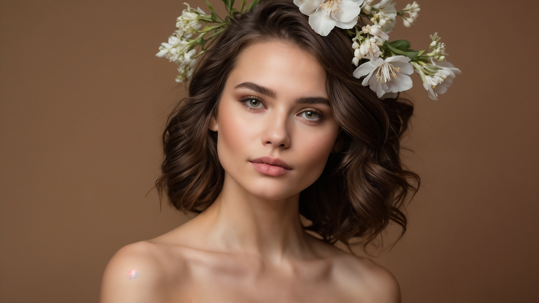 Woman with loose wavy brown hair and white flowers in hair posing in full-face portrait against beige studio background.