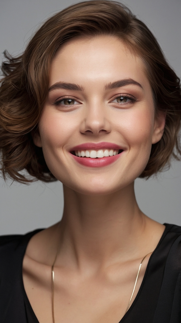 Smiling woman with short hair, natural makeup, and bright eyes in professional headshot against grey background.