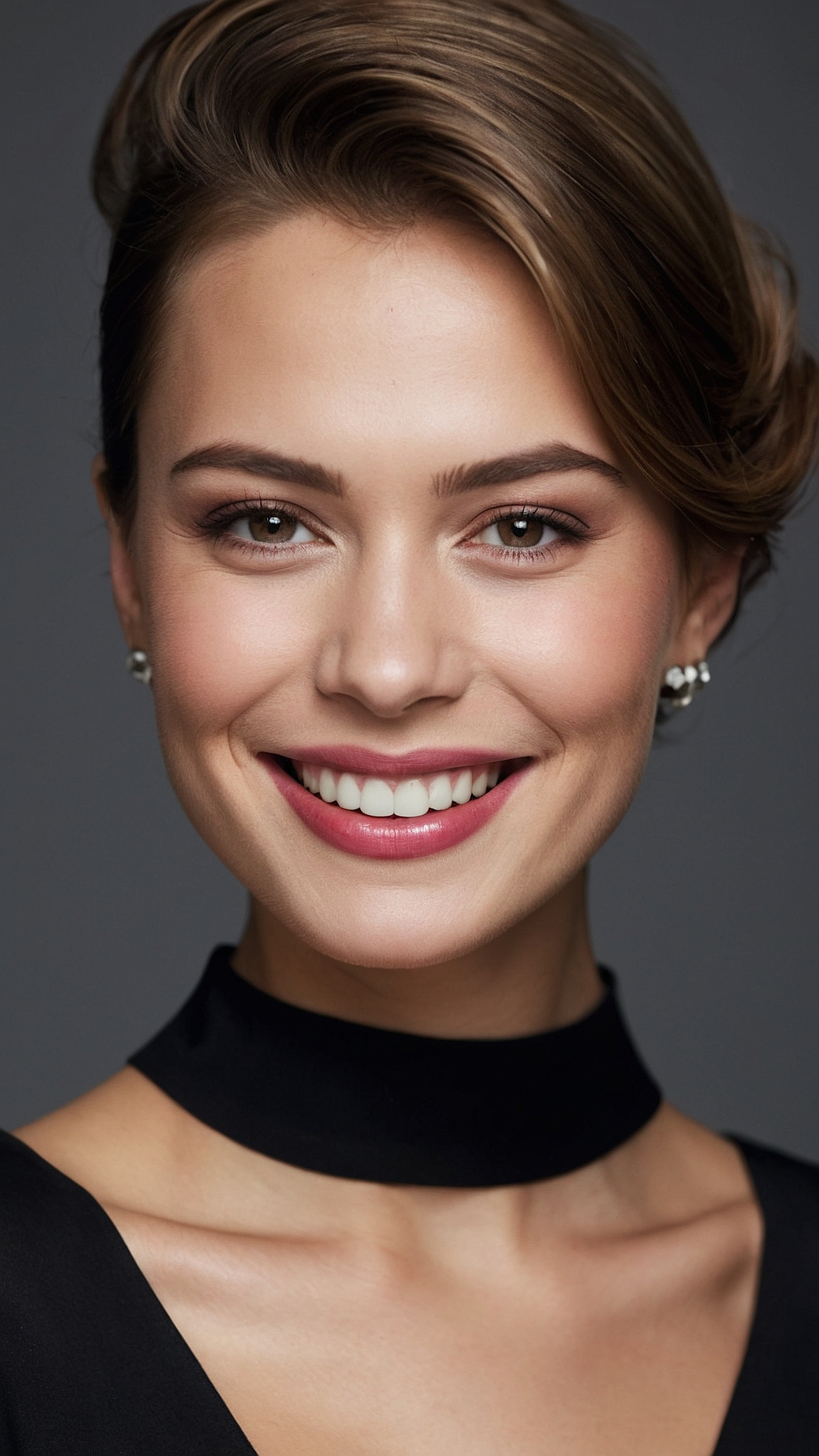 Smiling woman with light brown chignon hairstyle, black dress, and silver earrings in professional headshot against grey background.