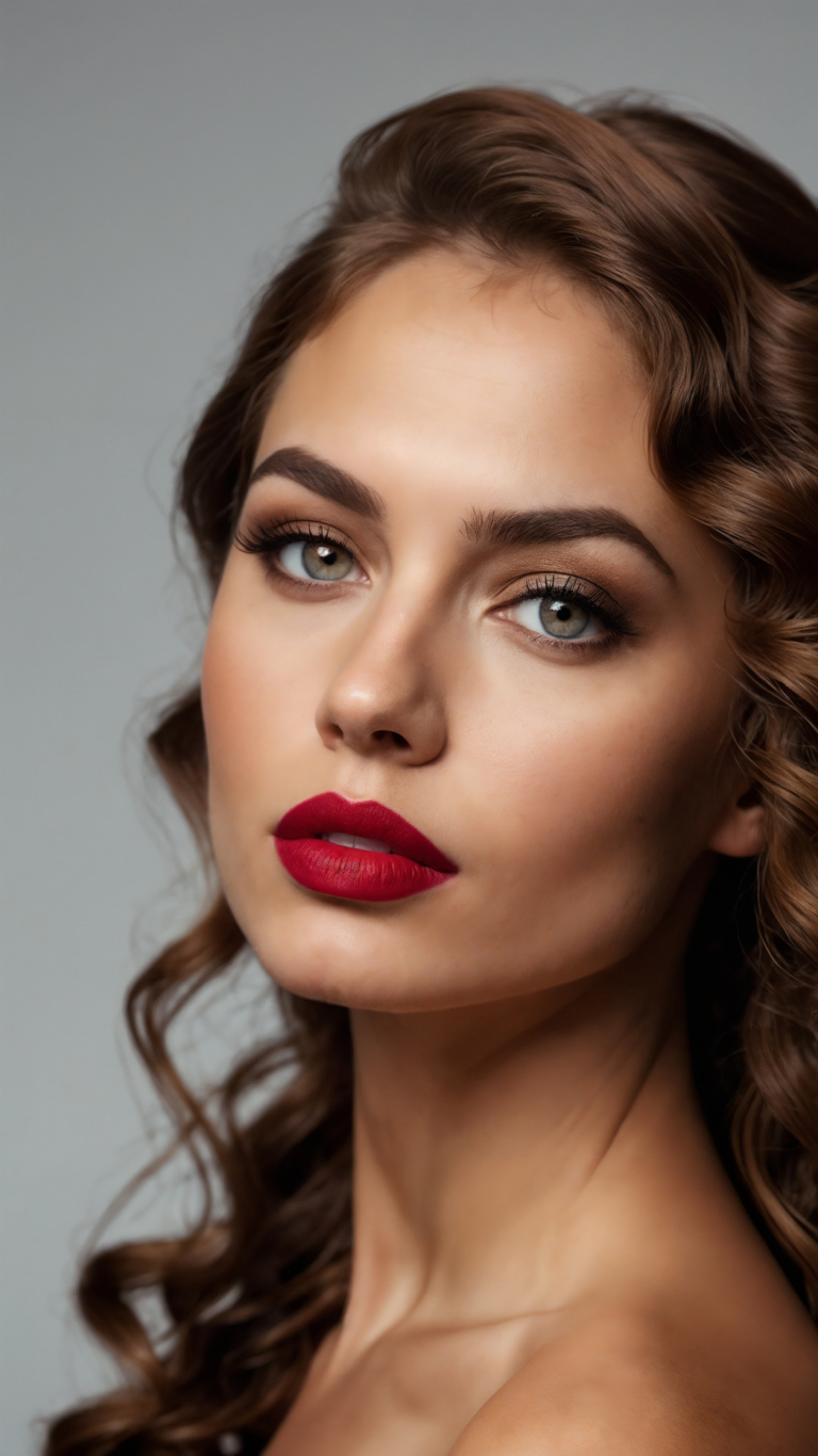 Attractive woman with wavy brown hair, smoky eyes, and red lipstick posing in portrait against gray background.