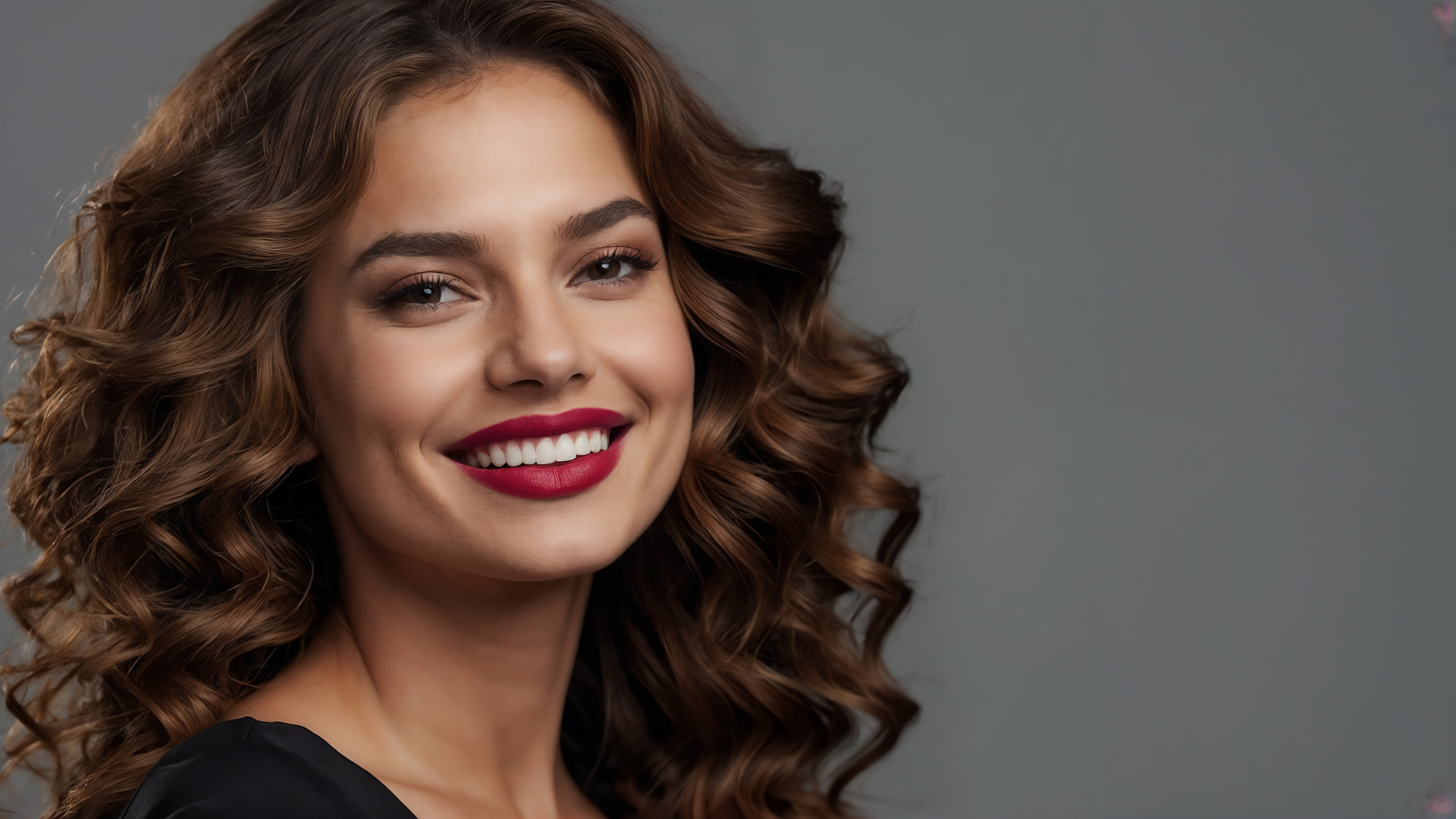 Smiling woman with long curly brown hair, red lipstick, and black outfit posing against gray background in professional portrait.